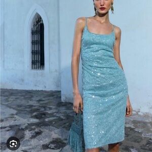 Reformation Sequin Slip Dress in Light Blue